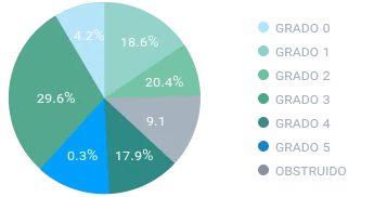 Distribución de biofouling: grado 0, 4,2%; grado 1, 18,6%; grado 2, 20,4%; grado 3, 29,6%; grado 4, 9,1%; grado 5, 17,9%; obstruido, 0,3%.